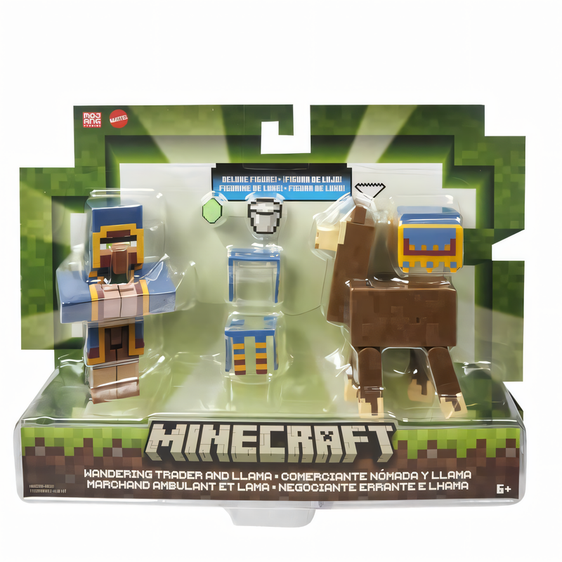 Figura de Brinquedo Minecraft Vanilla - Pacote Vendedor Ambulante e Lhama 3,25” Brinquedo Colecionável