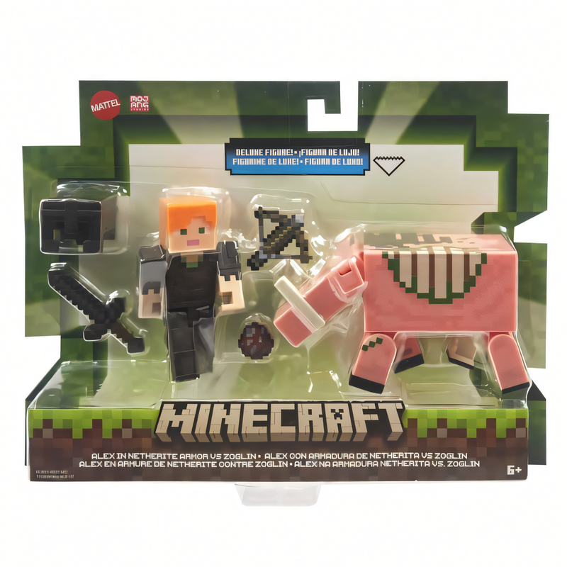 Minecraft Vanilla - Boneco Alex com Armadura de Netherita e Zoglin 3.25" Colecionáveis