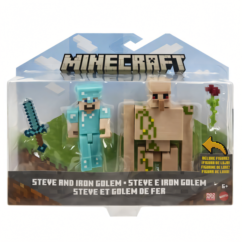Minecraft Vanilla Figura de Brinquedo Pacote Steve e Golem de Ferro 3.25"