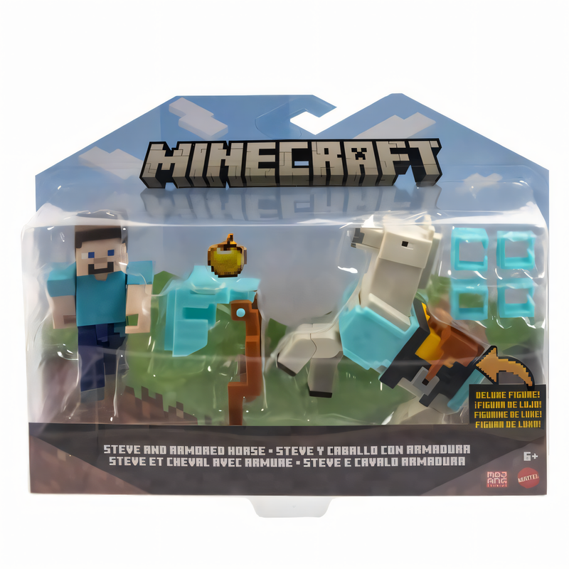 Figura de Brinquedo Minecraft Vanilla - Pacote Steve e Cavalo com Armadura 3,25” Brinquedo Colecionável