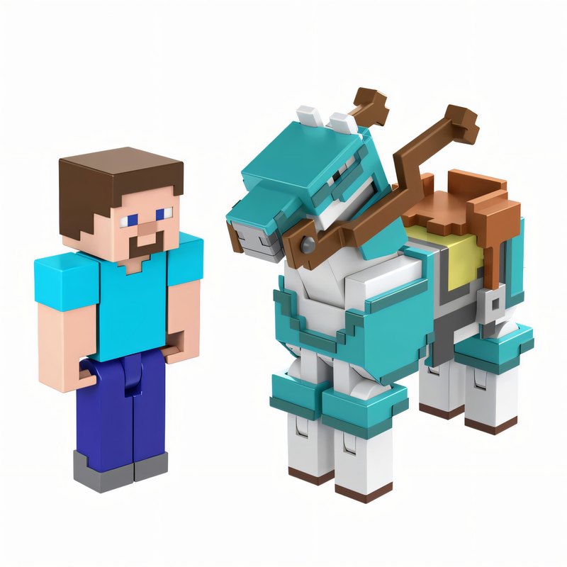 Figura de Brinquedo Minecraft Vanilla - Pacote Steve e Cavalo com Armadura 3,25” Brinquedo Colecionável